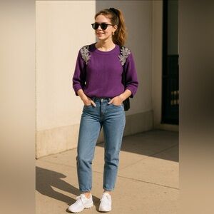 Cable & Gauge purple knit sweater adorned w/ epaulettes of embroidered sequins💜